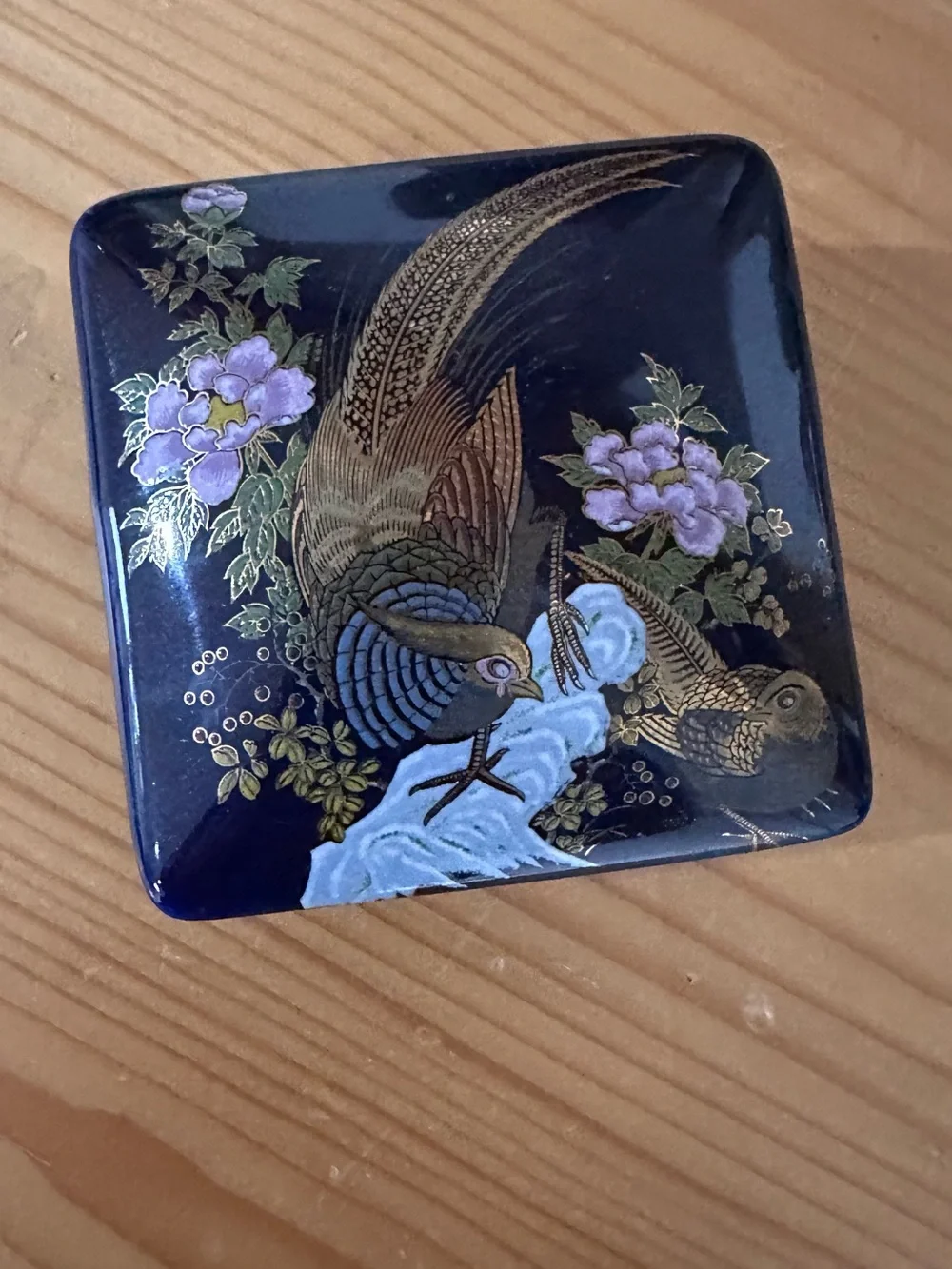 Vintage Cobalt Blue Japanese Pheasant Trinket Box Jewelry Ring antique ceramic